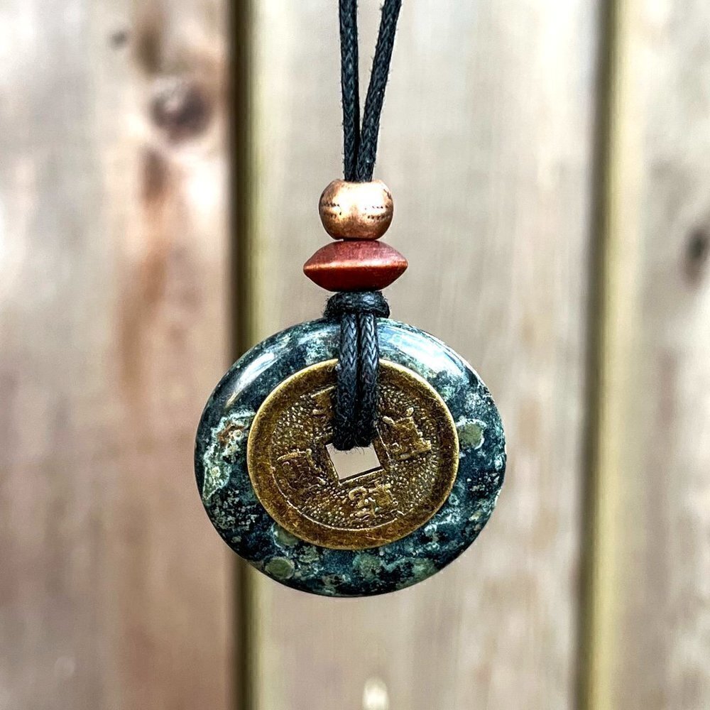 Kambaba Jasper and Lucky Coin Pendant Necklace | Handmade